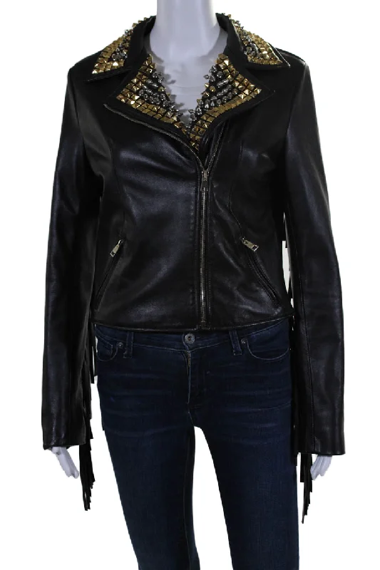 Herringbone – A distinct V-shaped woven patternDavid 2 Womens Front Zip Studded Notched Lapel Fringe Leather Jacket Black IT 44