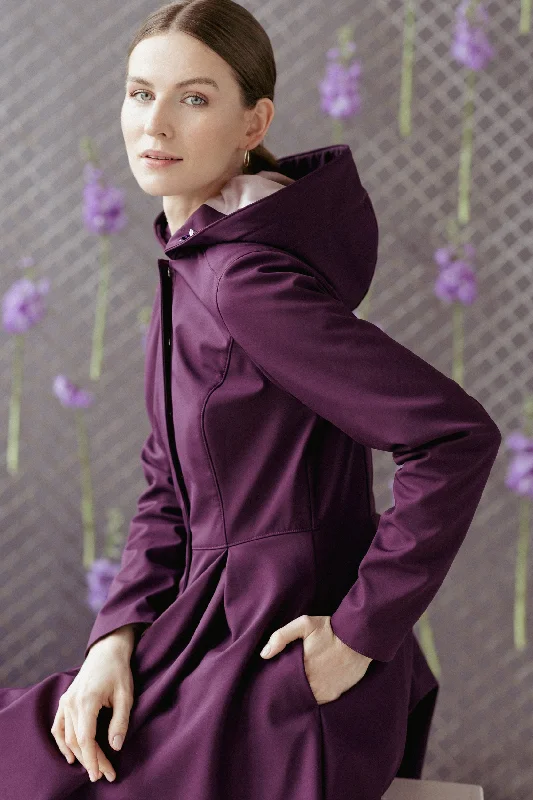 Herringbone – A distinct V-shaped woven patternFitted and Flared Coat with Pleated Skirts in Dark Purple | 'Ruby Purple'