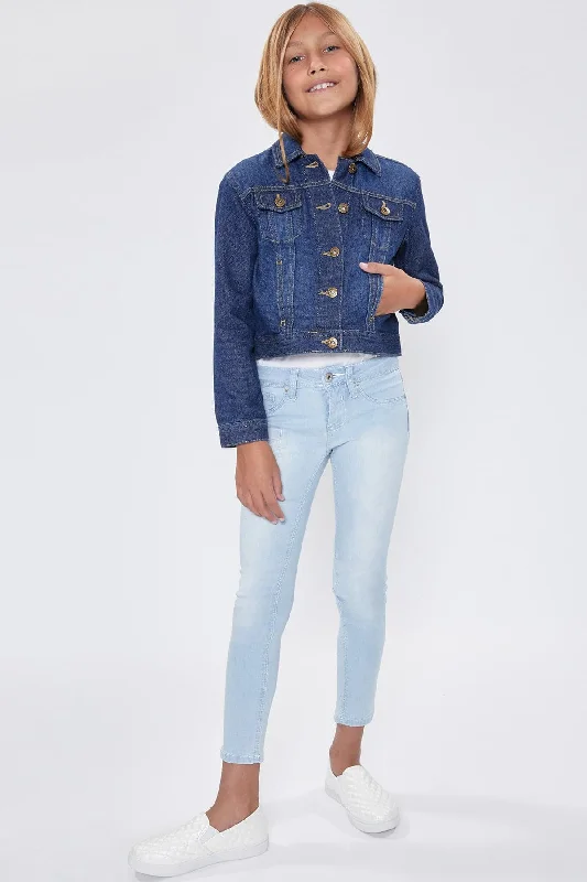 Hooded – With a hoodGirls Drop Shoulder Oversized Denim Jacket With Pockets