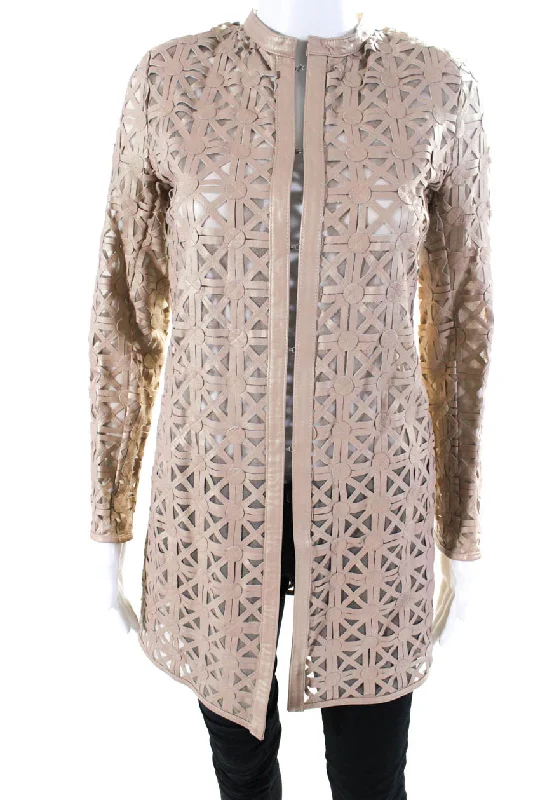 Oversized – Loose, relaxed fitIn Transit Womens Laser Cut Leather Hook & Eye Long Jacket Beige