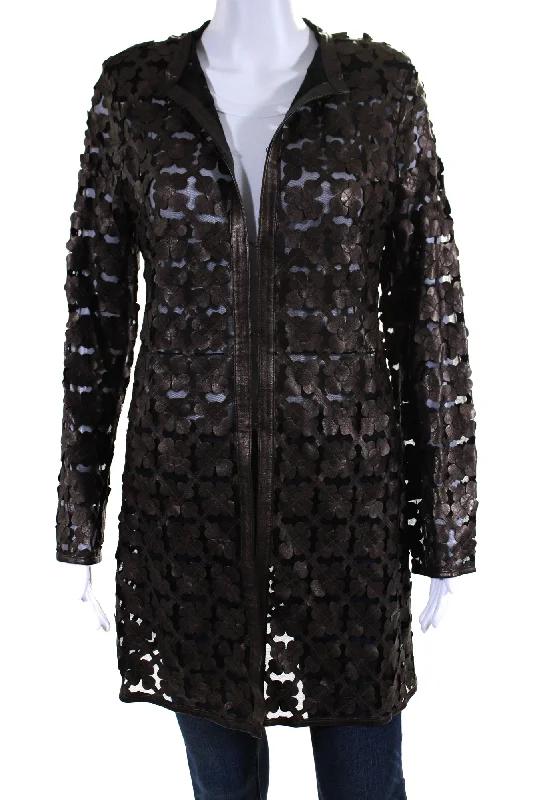 Herringbone – A distinct V-shaped woven patternIn Transit Womens Laser Cut Metallic Mesh Leather Jacket Dark Brown Black Medium