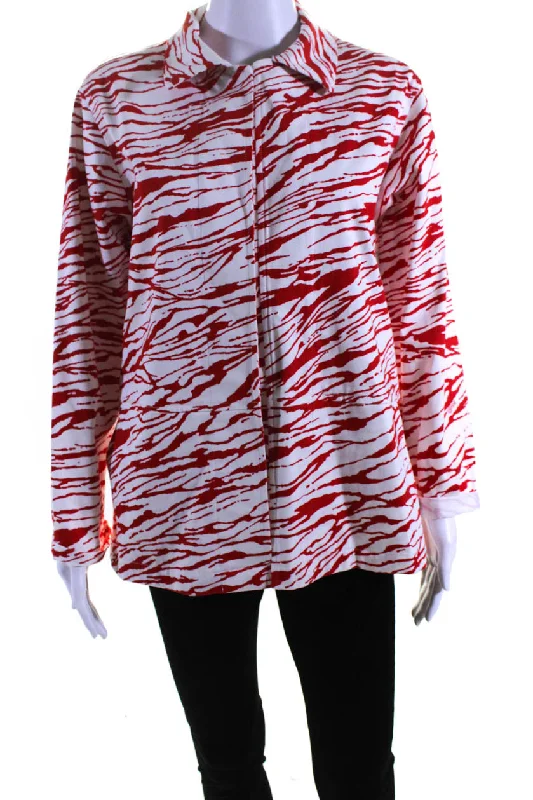 Military-inspired – Features like epaulets or button details that resemble military uniformsLeggiadro Womens Printed Hidden Placket Button Up Jacket Red White