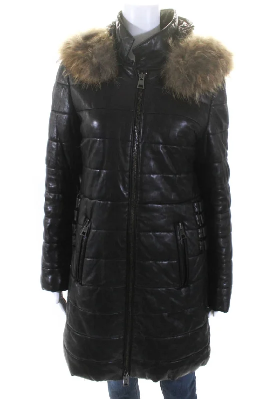 Down-filled – Filled with down feathers for insulationRizal Womens Zip Up Leather Down Quilted Raccoon Fur Hooded Jacket Black Large