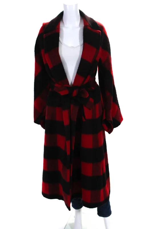 Double-breasted – Two rows of buttons for a stylish, structured lookSmarteez Womens Wool Check Print Open Front Collared Trench Coat Red