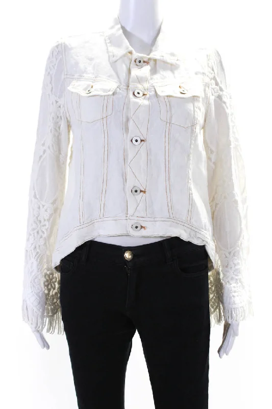 Cropped – Short in length, above the waistSunday Tropez Womens Elvis Mesh Embroidered Sleeve Linen Jacket White