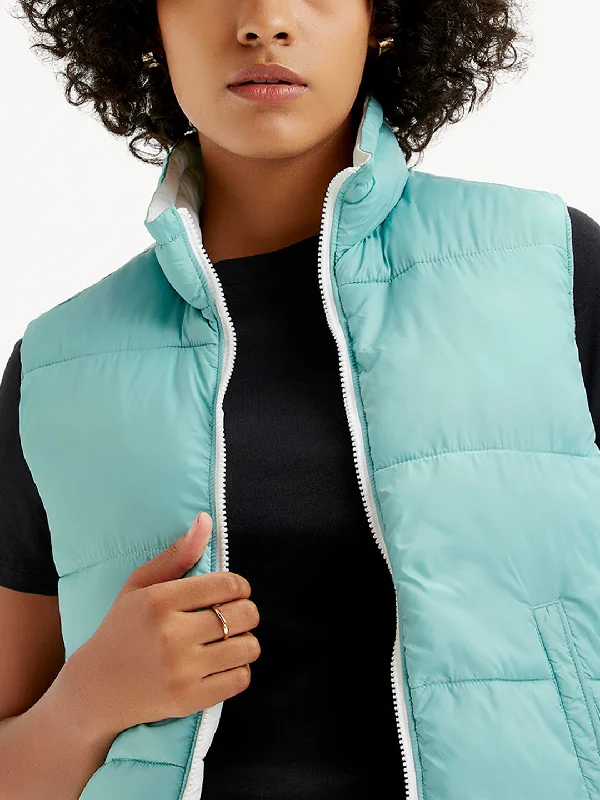 Puffer – Quilted jacket with insulation, often filled with down or synthetic materialWomen's Quilted Light-Blue High Neck Puffer Jacket