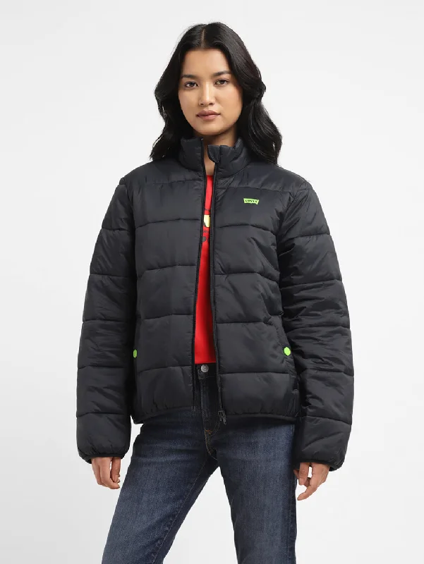 Puffer – Quilted jacket with insulation, often filled with down or synthetic materialWomen's Solid Black High Neck Jacket