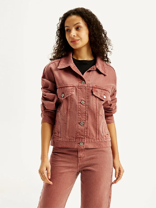 Herringbone – A distinct V-shaped woven patternWomen's Solid Rust Spread Collar Trucker Jacket