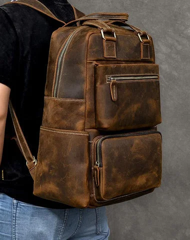 Vintage Brown Large Leather Backpack Men 16" Laptop Backpack Leather Backpack Style Handbag