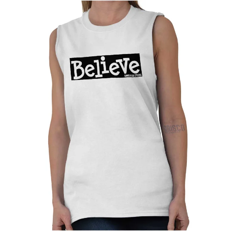 Sweater vest – Knit vest, often sleeveless, worn for layering or warmthBelieve Christian Strong Sleeveless T-Shirt