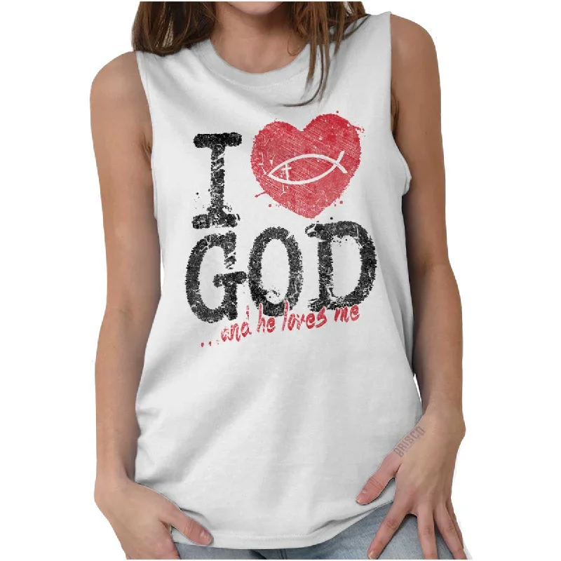 Sweater vest – Knit vest, often sleeveless, worn for layering or warmthI Love God Sleeveless T-Shirt