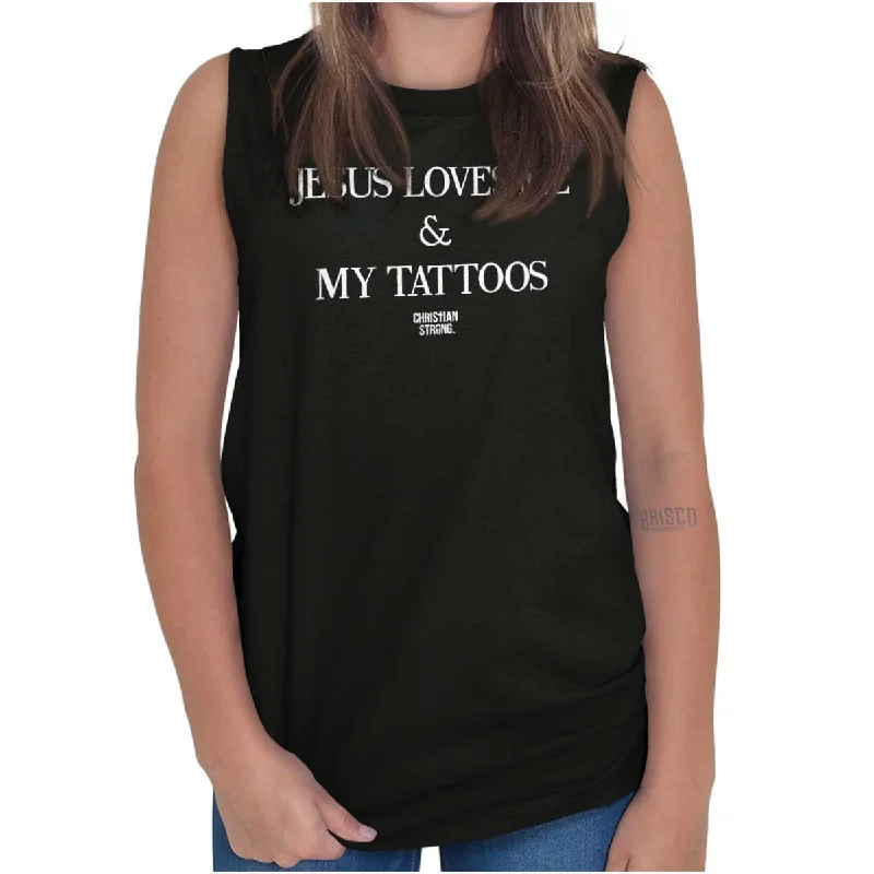 Cowl neck vest – Vest with a draped, loose-fitting neck for added styleJesus Loves My Tattoos Sleeveless T-Shirt