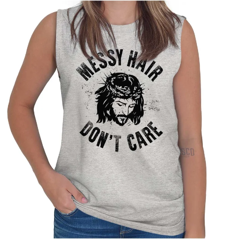 Mesh vest – Light, breathable vest made from mesh fabric, perfect for layering or workoutsMessy Hair Jesus Sleeveless T Shirt