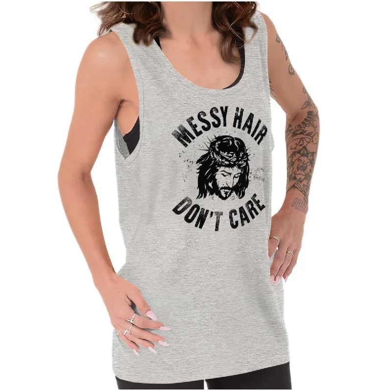 Sweater vest – Knit vest, often sleeveless, worn for layering or warmthMessy Hair Jesus Tank Top