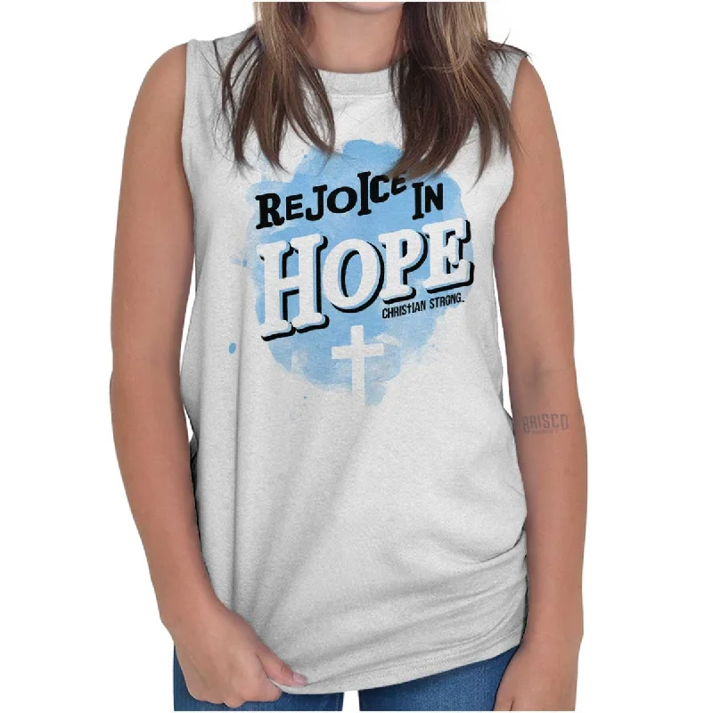 Belted vest – Vest with an attached belt to cinch at the waistRejoice in Hope Sleeveless T-Shirt