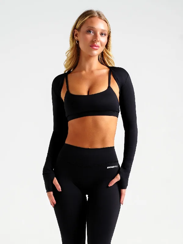 Racerback sports bra – Sports bra with a back design that features straps that meet in a "V" or "Y" shape, offering better shoulder mobility.Base Bolero