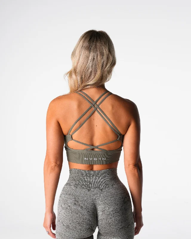 Vegan sports bra – Sports bra made from eco-friendly, cruelty-free materials, suitable for ethical consumers.Khaki Green Virtue Seamless Bra