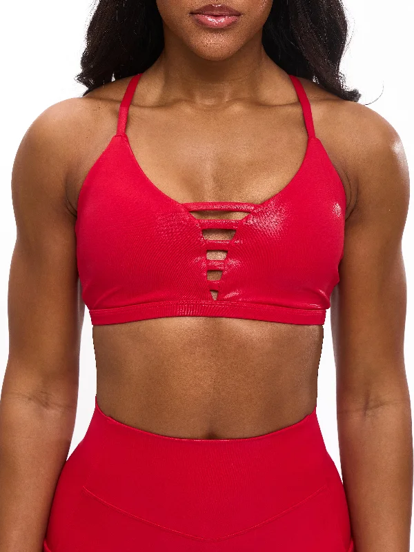 Supportive sports bra – Sports bra specifically designed to provide strong support, often for larger busts or high-impact activities.Spicy Sports Bra - Red Hot Patent