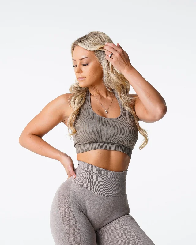 Activewear sports bra – Sports bra designed not only for performance but also for wearing as part of stylish athleisure outfits.Taupe Limitless Ribbed Seamless Halter Bra