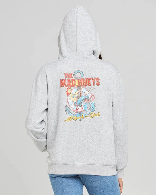 Hoodie with pockets – Hooded sweatshirt that includes a kangaroo pocket or side pocketsThe Mad Hueys All Hands On Deck Womens Pullover