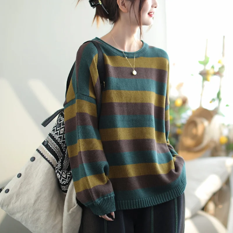 Cable knit – Featuring textured, braided patternsAutumn Fashion Stripe Cotton Knitted Loose Sweater