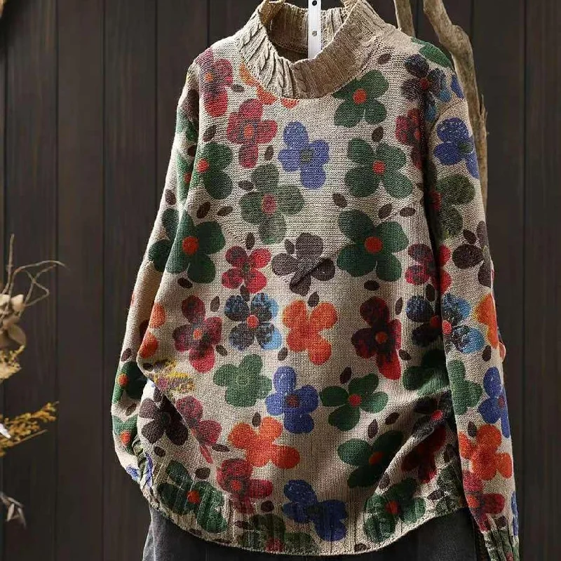 V-neck – Sweater with a V-shaped necklineBabakud Women Autumn Artistic Flower Printed Cotton Knitted Sweater