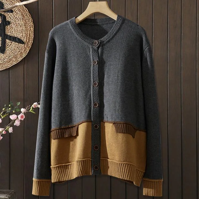 Boxy – Square, loose shapeBabakud Women Autumn Color Stitching Cotton Knitted Buttoned Sweater