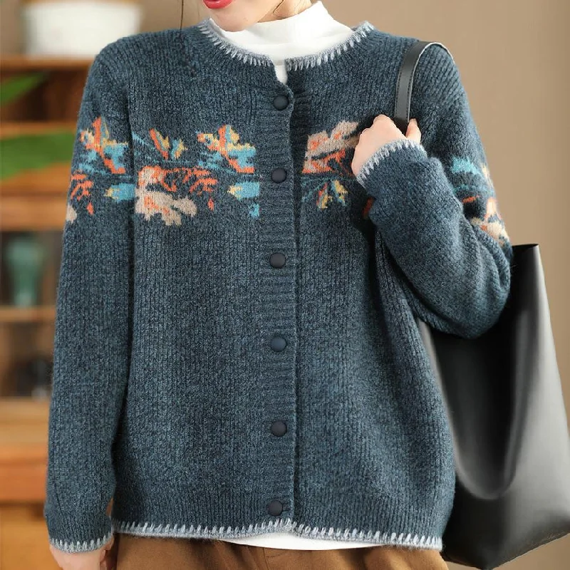 Cable knit – Featuring textured, braided patternsBabakud Women Autumn Retro Artistic Printed Flower Wool Sweater