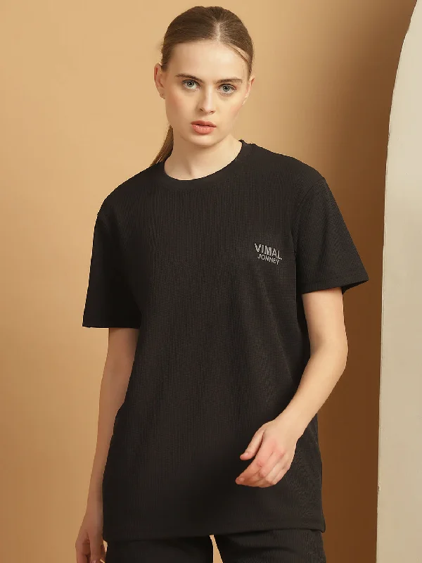 Henley – T-shirt with a buttoned placket (usually a few buttons near the collar)Vimal Jonney Solid Black Round Neck Polyester Lycra Half sleeves Tshirt For Women