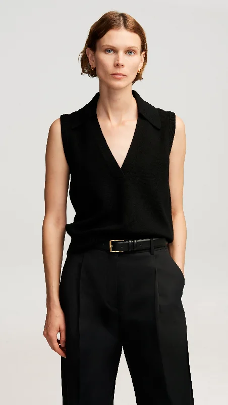 Cropped – Shortened length, above the waistCollared Sleeveless Knit in Merino Wool | Black