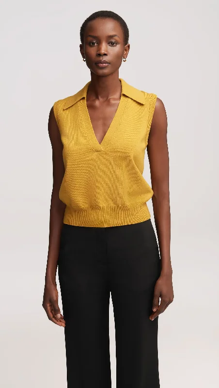 Crew neck – Round neck, classic styleCollared Sleeveless Knit in Merino Wool | Mustard