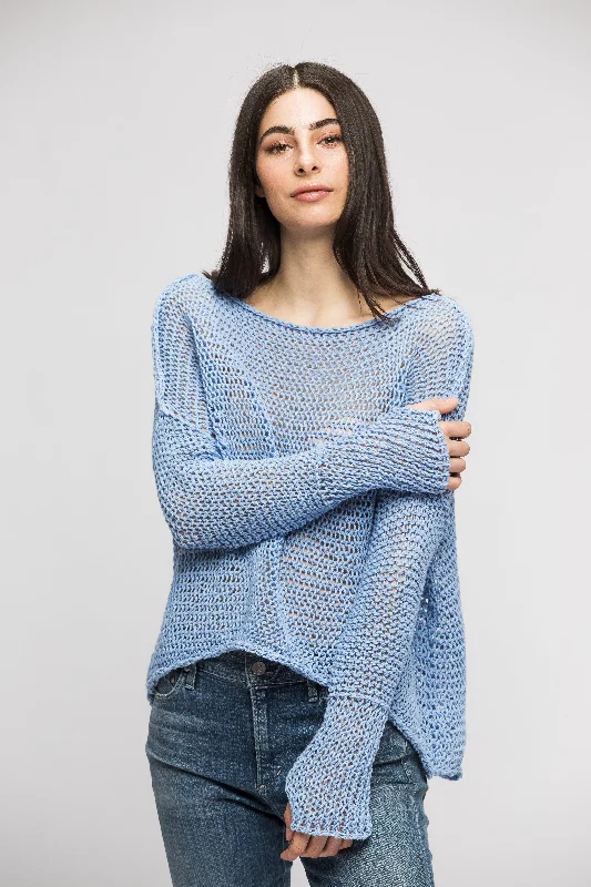 Oversized – Loose-fitting, relaxed silhouetteCotton Linen  blue sweater.