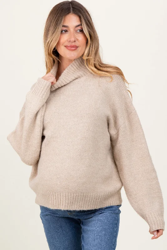 Belted – With a belt or sash for a defined waistCream Mock Neck Oversized Maternity Sweater