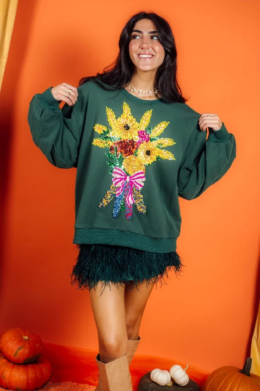 Hoodie with pockets – Hooded sweatshirt that includes a kangaroo pocket or side pocketsDark Green Fall Bouquet Sweatshirt