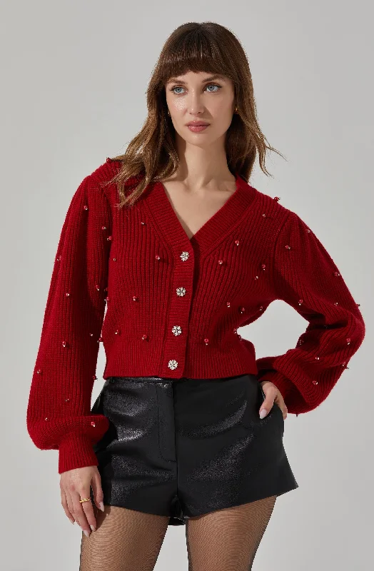 Fitted – Snug, form-fitting styleDelsie Pearl Embellished Cardigan