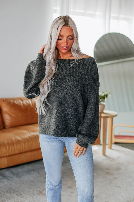 Pullover – Sweater without buttons or zippers, worn over the headEstria Off Shoulder Sweater - Charcoal