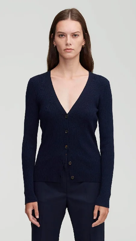 Drop shoulder – Sleeves that hang lower than the shoulder seam for a relaxed fitEveryday Knit Rib Cardigan in Viscose Wool | Navy