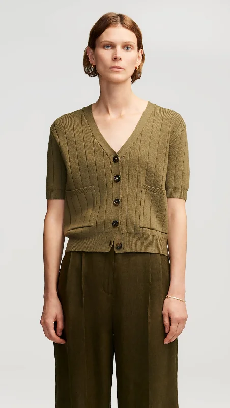 Cable knit – Featuring textured, braided patternsEveryday Shortsleeve Cardigan in Merino Wool | Khaki Green