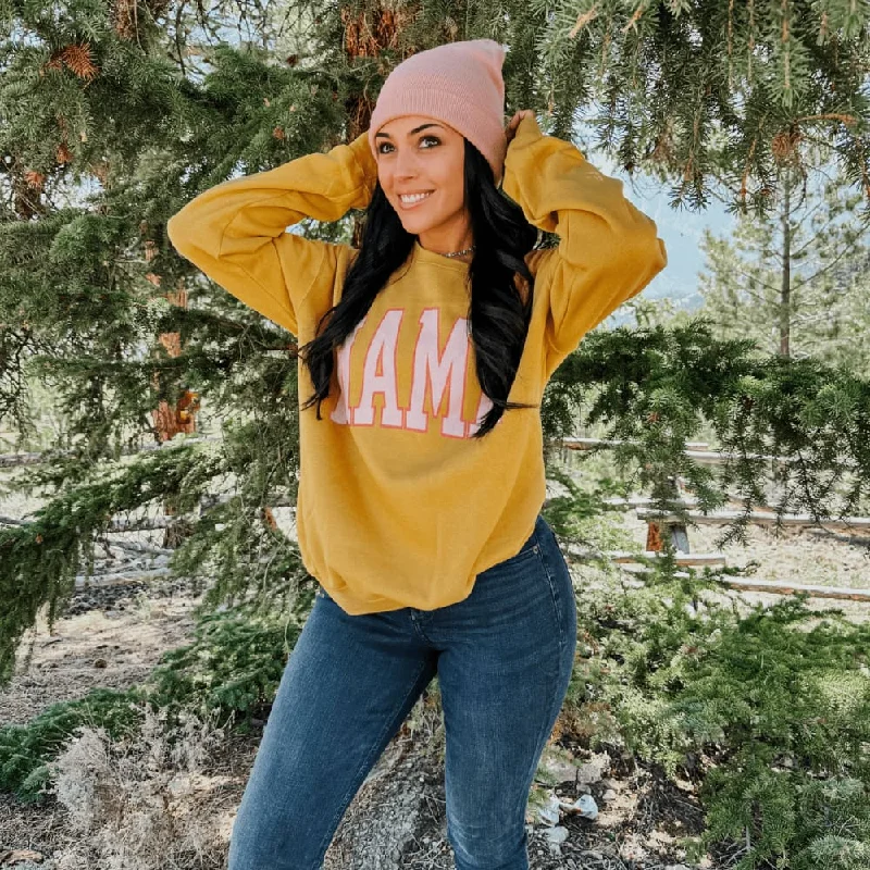 V-neck sweatshirt – Sweatshirt with a V-shaped neckline, less common than crew or hooded necksFall Mama Sweatshirt - Mustard