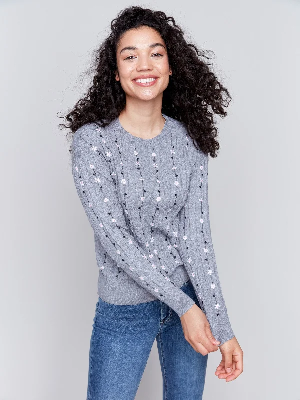 Merino wool – Soft, fine wool for warmth and breathabilityFloral Embroidery Knit Sweater - Grey