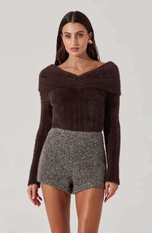 Crew neck – Round neck, classic styleFuzzy Knit Off Shoulder Sweater