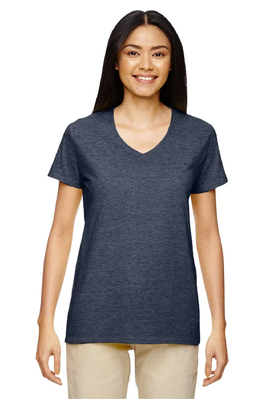 Knit – Soft and stretchy fabric with a knitted textureGildan Womens Short Sleeve V-Neck T-Shirt - Heather Navy Blue