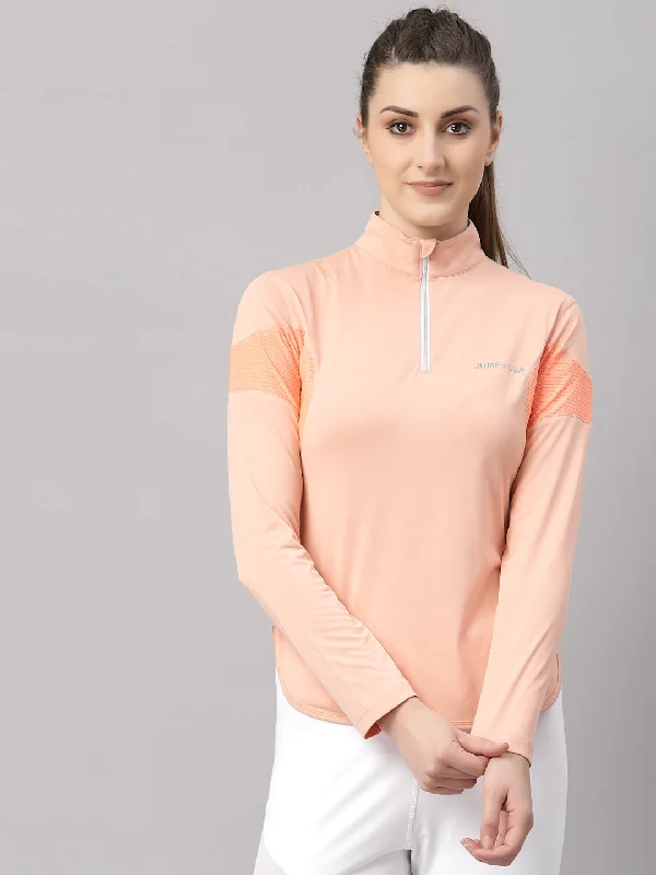 Crop – Shortened length, typically above the waistJUMP USA Lifestyle Women Coral & Neon Peech Polyster Stand Collor T-Shirt