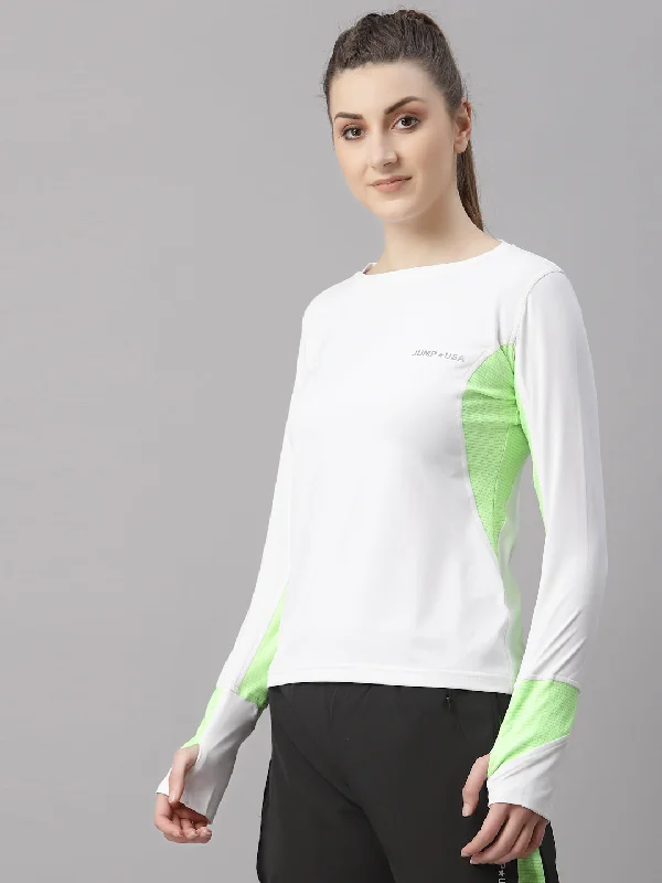 Raglan sleeve – Diagonal seam extending from the underarm to neckline, giving a sporty lookJUMP USA Lifestyle Women White & Neon Green Polyster Round Neck T-Shirt