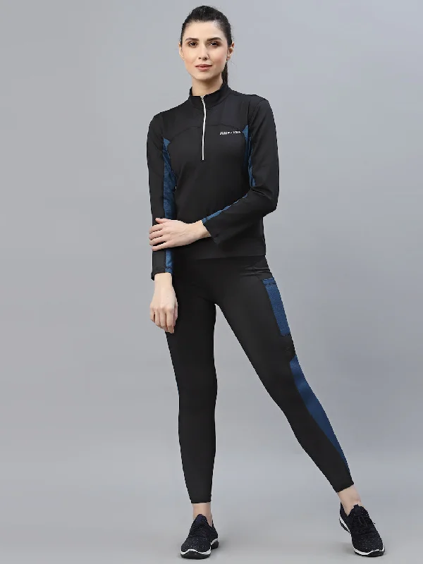 Tunic – Longer T-shirt, often reaching the hips or thighs, worn as a tunic topJUMP USA Women Black & Teal Solid Rapid-Dry Outdoor T-shirt