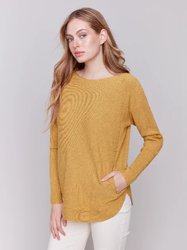 Crew neck – Round neck, classic styleKnit Sweater with Back Detail Lace-Up  - Amber