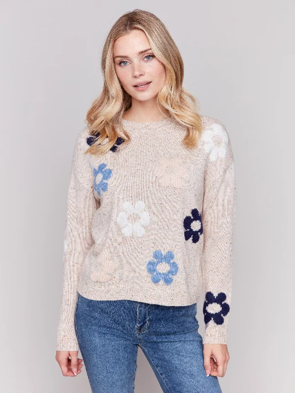 Belted – With a belt or sash for a defined waistNep Yarn Sweater with Flowers - Truffle