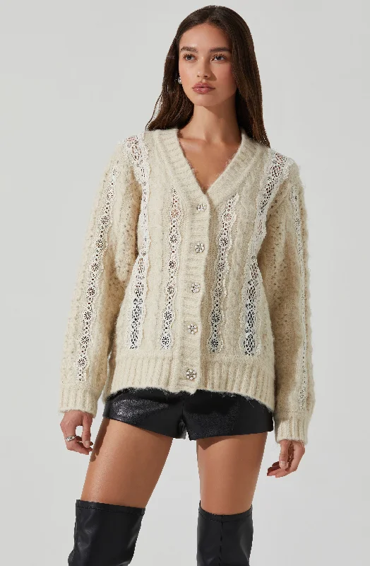 Belted – With a belt or sash for a defined waistNesmarie Lace Embellished Cardigan