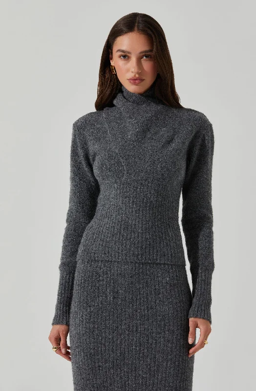 Belted – With a belt or sash for a defined waistNeve High Neck Crossover Sweater