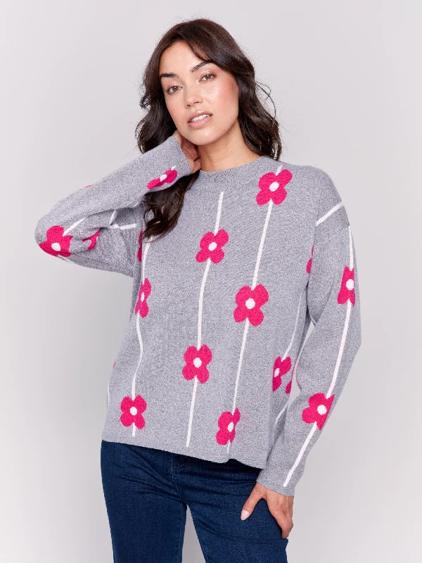 Cable knit – Featuring textured, braided patternsPlush Floral Print Sweater - Grey